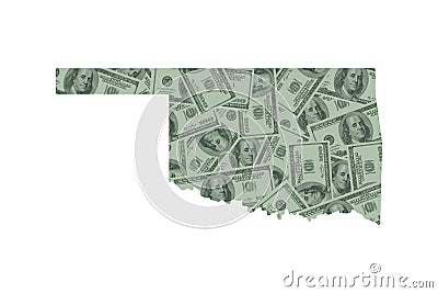 Oklahoma State Map Outline and United States Money Concept, Hundred Dollar Bills Stock Photo