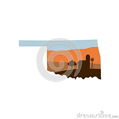 Oklahoma State Shape with Farm at Sunset w Windmill, Barn, and a Vector Illustration