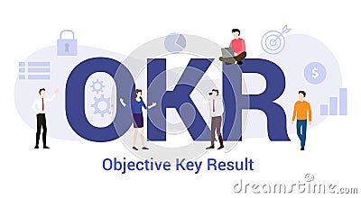 Okr objective key result concept with big word or text and team people with modern flat style - vector Cartoon Illustration
