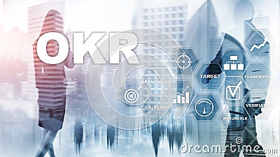 OKR - objective key result concept. Mixed media on a virtual structured screen. Project management. Stock Photo