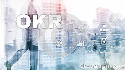 OKR - objective key result concept. Mixed media on a virtual structured screen. Project management Stock Photo