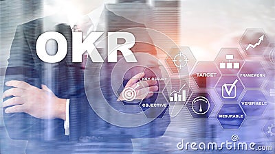 OKR - objective key result concept. Mixed media on a virtual structured screen. Project management. Stock Photo
