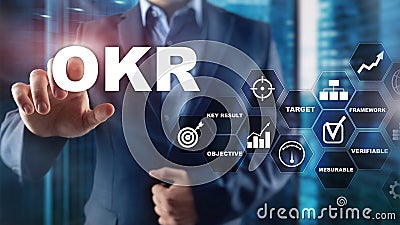 OKR - objective key result concept. Mixed media on a virtual structured screen. Project management Stock Photo