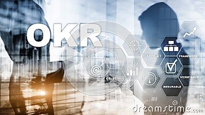 OKR - objective key result concept. Mixed media on a virtual structured screen. Project management. Stock Photo