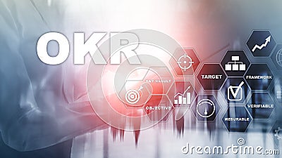OKR - objective key result concept. Mixed media on a virtual structured screen. Project management Stock Photo