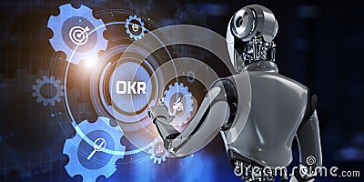 OKR Objective key results. Robot pressing button on virtual screen. 3d render Stock Photo