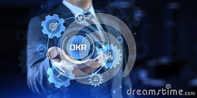 OKR Objectives key results. Businessman pressing button on screen Stock Photo