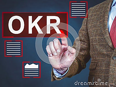 OKR Objectives and Key Results. Man clicks on the inscription. Stock Photo