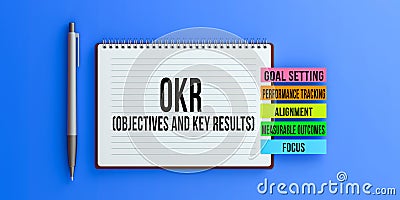 OKR (Objectives and Key Results) text message on notebook. Stock Photo