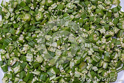 Okra, Okro Ila freshly diced and ready for use Stock Photo