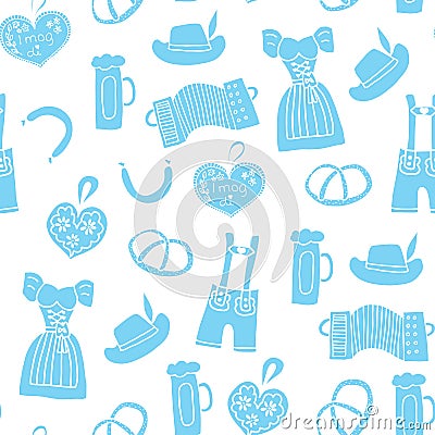 Oktoberfest background hand drawn cartoon doodle seamless vector pattern. Oktoberfest repeating tile. Traditional German Vector Illustration