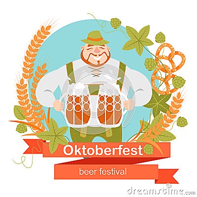 Oktoberfest banner with funny cartoon character in a wreath of barley and hops. A man with a mugs of beer Vector Illustration