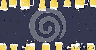 Oktoberfest banner with glass beer mugs with light wheat beer. Foam and bubbles pour over the edge. Vector simple Vector Illustration