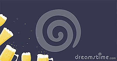 Oktoberfest banner with glass beer mugs with light wheat beer. Foam and bubbles pour over the edge. Vector simple Vector Illustration