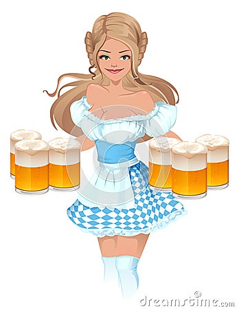 Oktoberfest Beer Festival. German girl waitress holding mugs of beer Vector Illustration