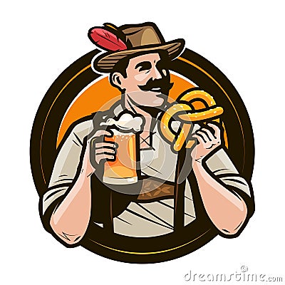 Oktoberfest, beer festival. Happy man in national costume holds a glass of ale and pretzel in hands. Cartoon vector illustration Stock Photo