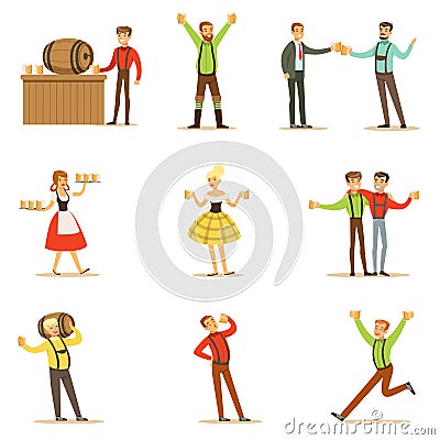 Oktoberfest Beer Festival Scenes With People In Bavarian Traditional Costumes Drinking Beer And Having Fun Series Vector Illustration