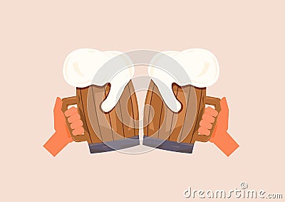 OKTOBERFEST beer festival. Two hands holding wooden mug with beer and foam. Vector Illustration