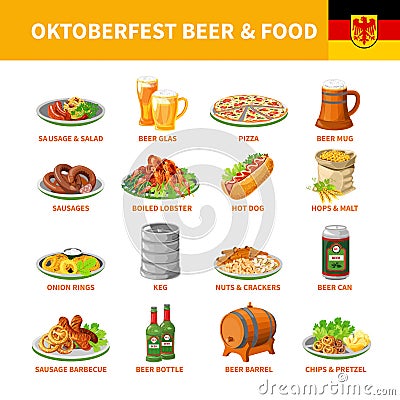 Oktoberfest Beer Food Flat Icons Set Vector Illustration