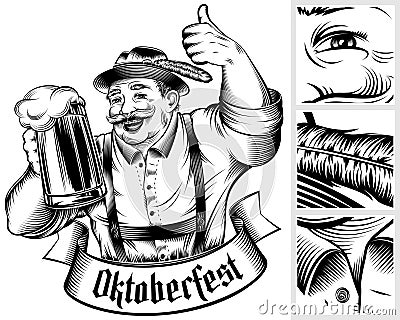 Oktoberfest Beer Holiday Man Germany Glass Foam Thumb Ink Monochrome Vector Illustration