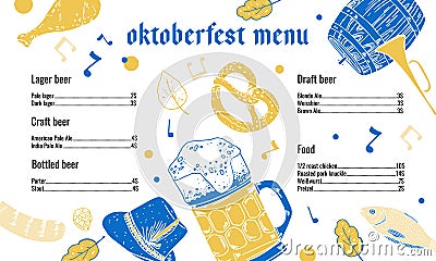 Oktoberfest beer menu design template with list of drinks. Glasses and food illustration Vector Illustration