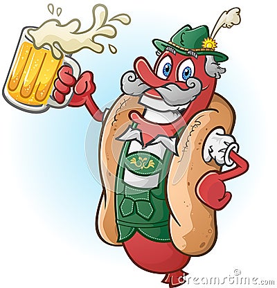 Oktoberfest Bratwurst Hotdog Cartoon Character Drinking Beer Vector Illustration