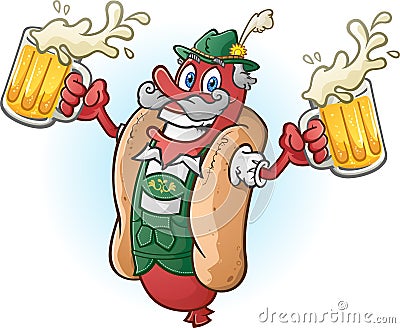 Oktoberfest Bratwurst Hotdog Cartoon Character Drinking Beer Vector Illustration