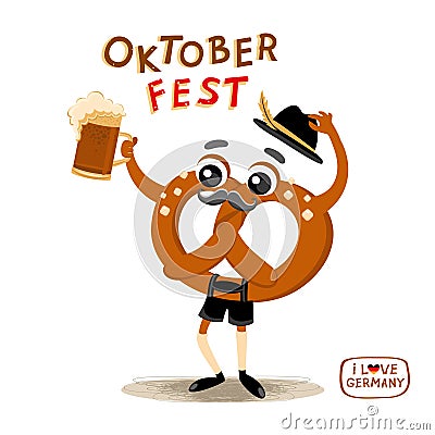 Oktoberfest Cartoon Character Brezel in national German clothes Drinking Beer Vector Illustration