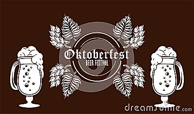 Oktoberfest celebration festival poster with beers cups Vector Illustration