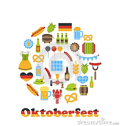 Oktoberfest Colorful Symbols in Round Frame Vector Illustration