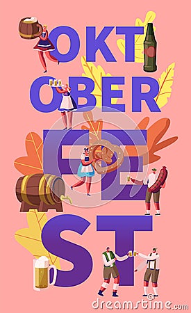 Oktoberfest Concept. Tiny Characters in German Costumes Eating and Drinking Traditional Beer and Food Vector Illustration