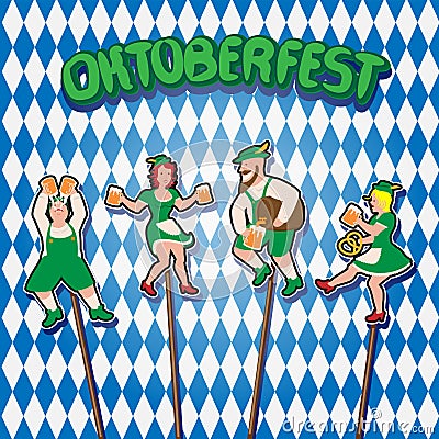 Oktoberfest with dancing people with glasses of beer on a checkered isolated background vector image Vector Illustration