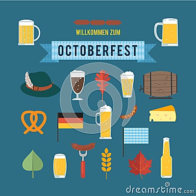 Oktoberfest design elements set. Beer mugs, barrel, pretzel, bottle, hat with feather, roasted chicken, fork with sausage, leaf, Vector Illustration