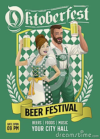 Oktoberfest design poster with couple of Bavarian People enjying the beer Vector Illustration