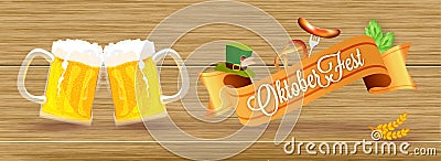 Oktoberfest event concept, two beer mugs, sausage with fork, pretzel, hops, wheat grain and hat on wooden texture background for Stock Photo