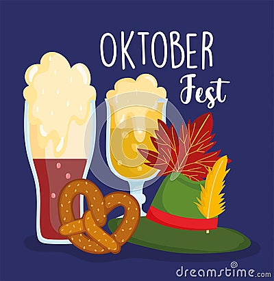 Oktoberfest festival, cold and black beers pretzel and green hat, celebration germany traditional Vector Illustration