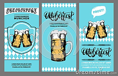 Oktoberfest flyer. Beer festival poster with vector handwritten font.Brewery label or badge with drawn glass mugs. Vector Illustration