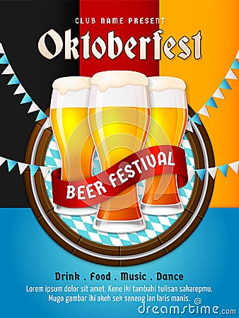 Oktoberfest flyer vector. Munich beer festival poster design. Group of full glass beer illustration with bavaria flag pattern Cartoon Illustration