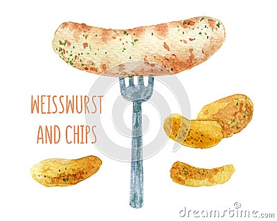 Sausage and chips. Watercolor Oktoberfest food illustration Cartoon Illustration