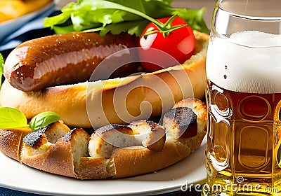 Oktoberfest food - sausage, beer and bretzel. Generative AI Stock Photo