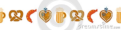 Oktoberfest food seamless border vector illustration. Beer festival party repeating banner. Beer glass, sausage Vector Illustration