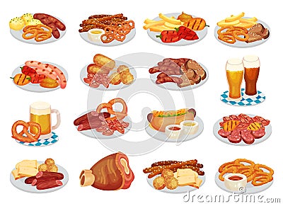 Oktoberfest Food Served on Plate and Beer in Mug Big Vector Set Vector Illustration