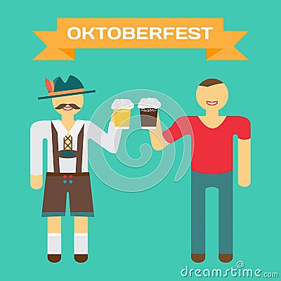 Oktoberfest german man in national costume. Men drink beer Vector Illustration