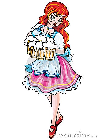 Oktoberfest girl is dressed in national clothes and carries beer mugs, isolated object on a white background, vector illustration Vector Illustration