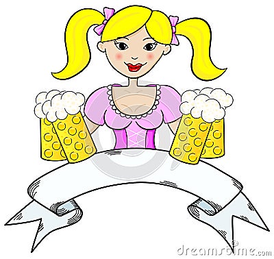 Oktoberfest girl serving beer with banner Vector Illustration