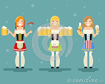 Oktoberfest Girls With Beer Icons Set Festival Celebration Symbol Flat Design Vector Illustration Vector Illustration