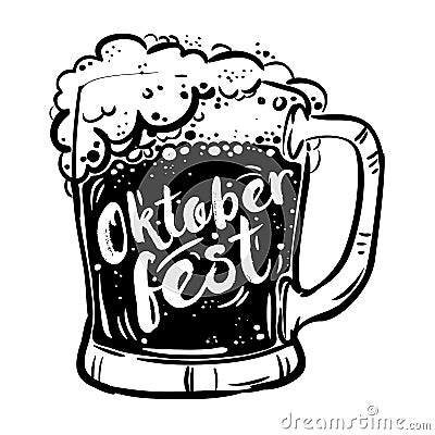 Oktoberfest handwritten lettering and mug of beer on white background. Festival template celebration. Vector Vector Illustration