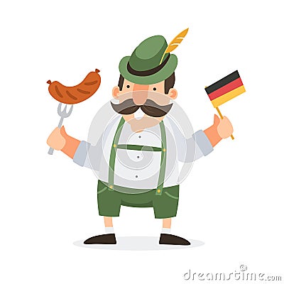 Oktoberfest. Happy bavarian smiling man in folk costume with sausage and german flag. Vector Illustration