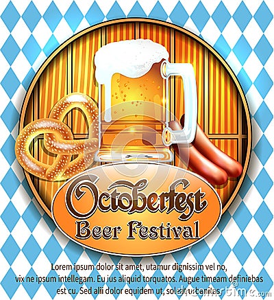 Oktoberfest holiday poster illustration barrel and mugs of beer, pretzels and sausages Vector Illustration