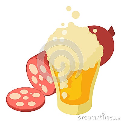 Oktoberfest icon isometric vector. Glass foamy beer mug and smoked sausage piece Stock Photo